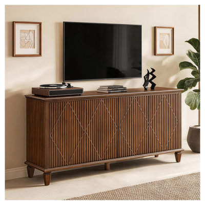Meuble télé moderne de style Mid-Century de 58 pouces avec portes géométriques sculptées, console multimédia à 4 portes et buffet au fini noyer