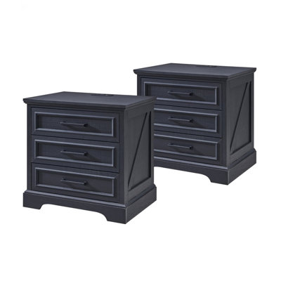 Farmhouse Nightstands With Charging Station, 22" W Wood End Table With 3 Large Drawers