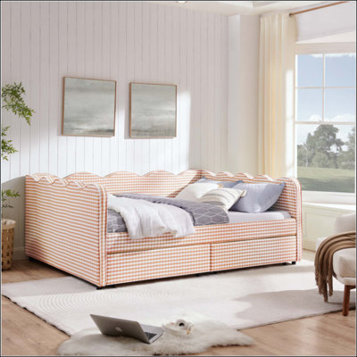Lit de jour confortable en vichy avec deux tiroirs de rangement, avec port USB et adorable tissu en forme de vague