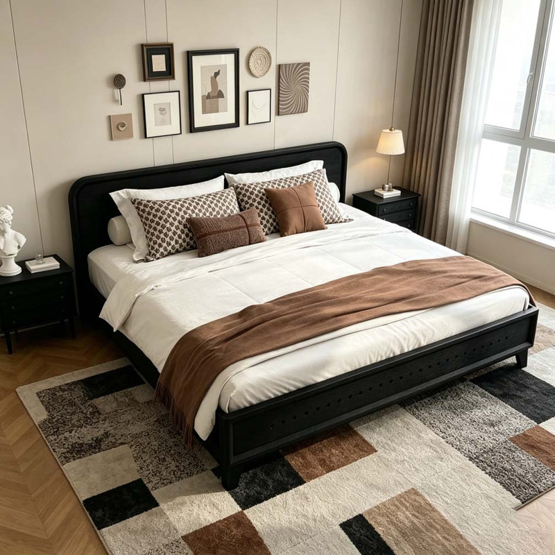 SOLID WOOD BED, Black, KING