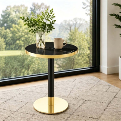 Comptoir de 23,6 pouces rond en panneau de fibres à densité moyenne avec cadre en acier inoxydable peint aux rayons UV et pieds en métal, table basse de luxe moderne