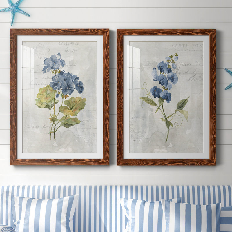 Lin bleu géranium - ensemble de 2 reproductions d'art, Impression encadrée avec passe-partout, H 31,5 po x l 47 po, Érable