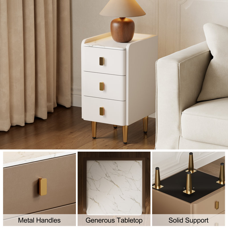 Solid Wood Core Leather Upholstered Faux Marble Top Nightstand - Quick Leg Assembly Only, White, 11.8" W