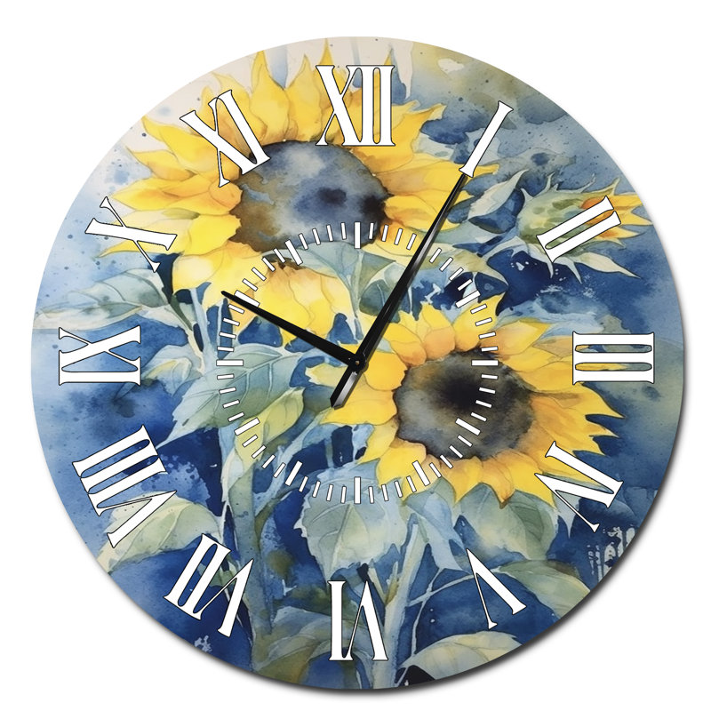 Horloge murale jaune tournesol bleu doré à motif floral blanc, Surdimensionné