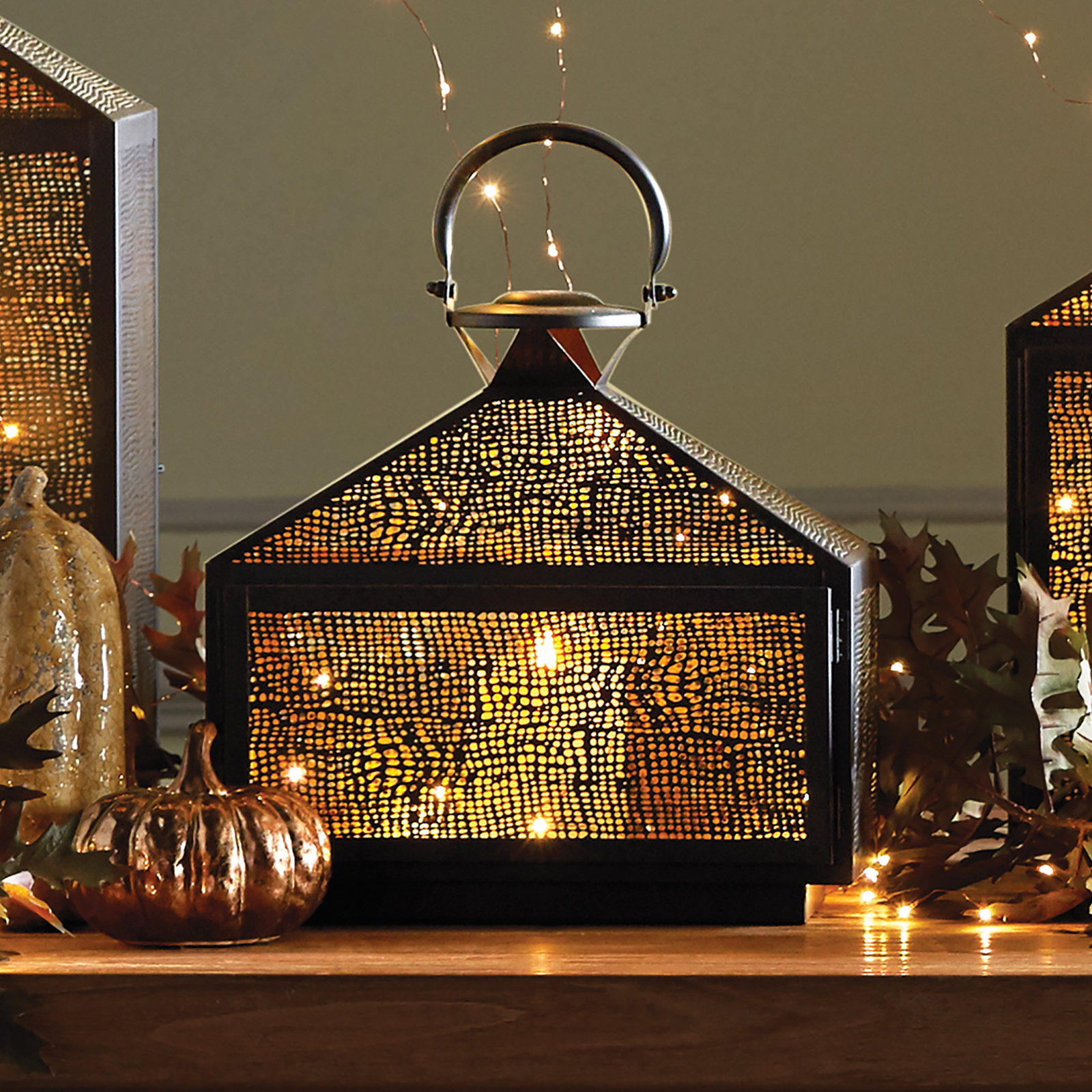 Roshni Iron Lantern Candle Holder, 12" H x 11.75" W x 6.5" D