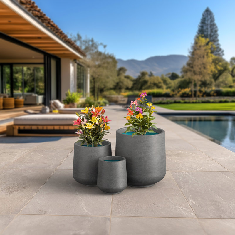 10 po, 13,5 po, 17 po Pot à fleurs rond en béton naturel avec trous de drainage (ensemble de 3)
