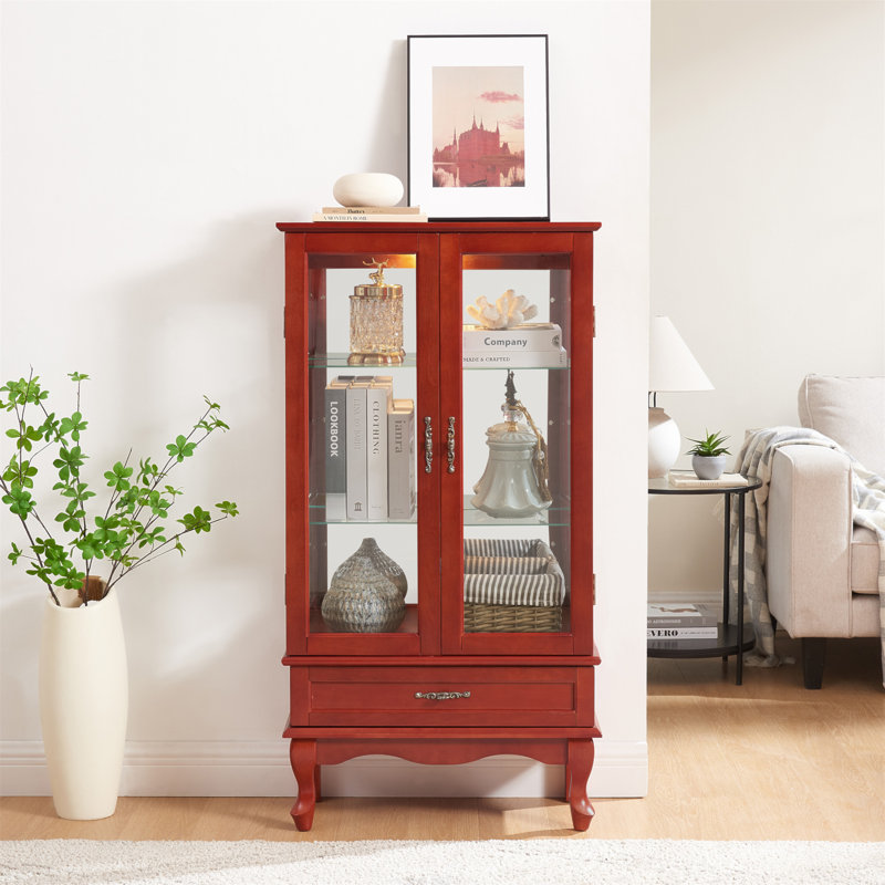 Cherry Lighted Glass Display Cabinet with Adjustable Shelves