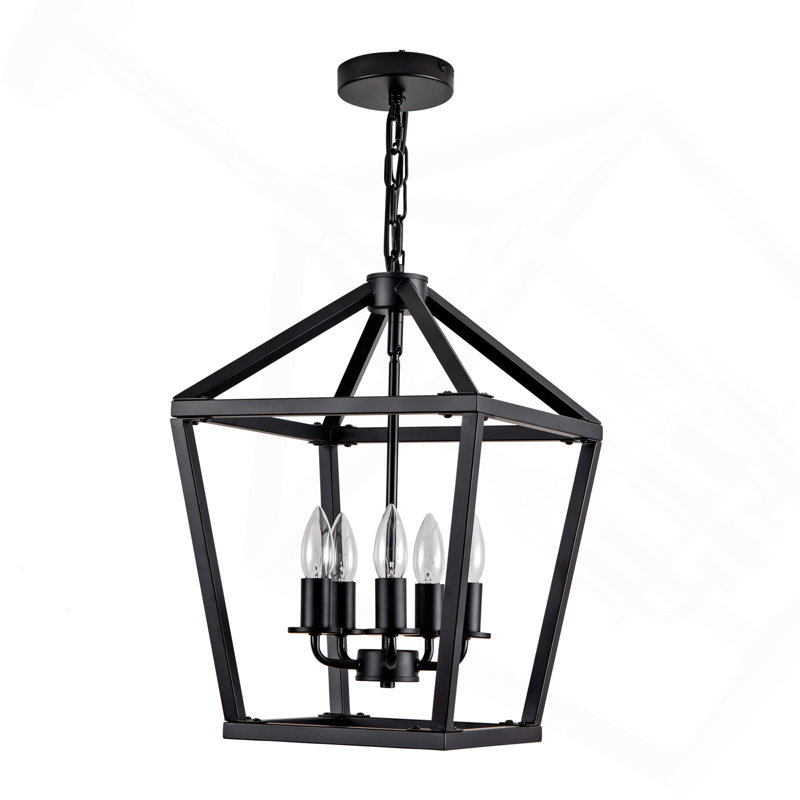 Lustre lanterne de ferme à 5 lumières, suspension géométrique en métal noir mat avec chaîne réglable, pour îlot de cuisine, salle à manger, hall d'entrée (ampoules non comprises)