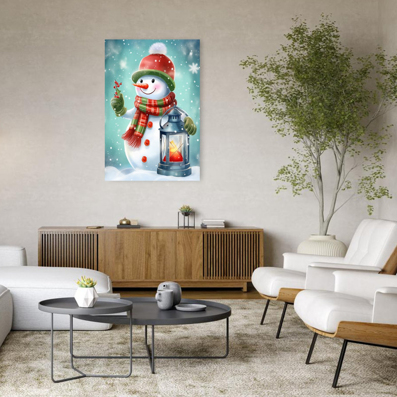 Fête de bonhomme de neige lanterne abstraite, paysage contemporain d'art mural, 48" H x 32" W