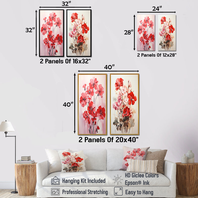 Ensemble de salon minimaliste blanc et rouge avec géraniums minimalisme, Cadre blanc, H 40 po x l 41 po