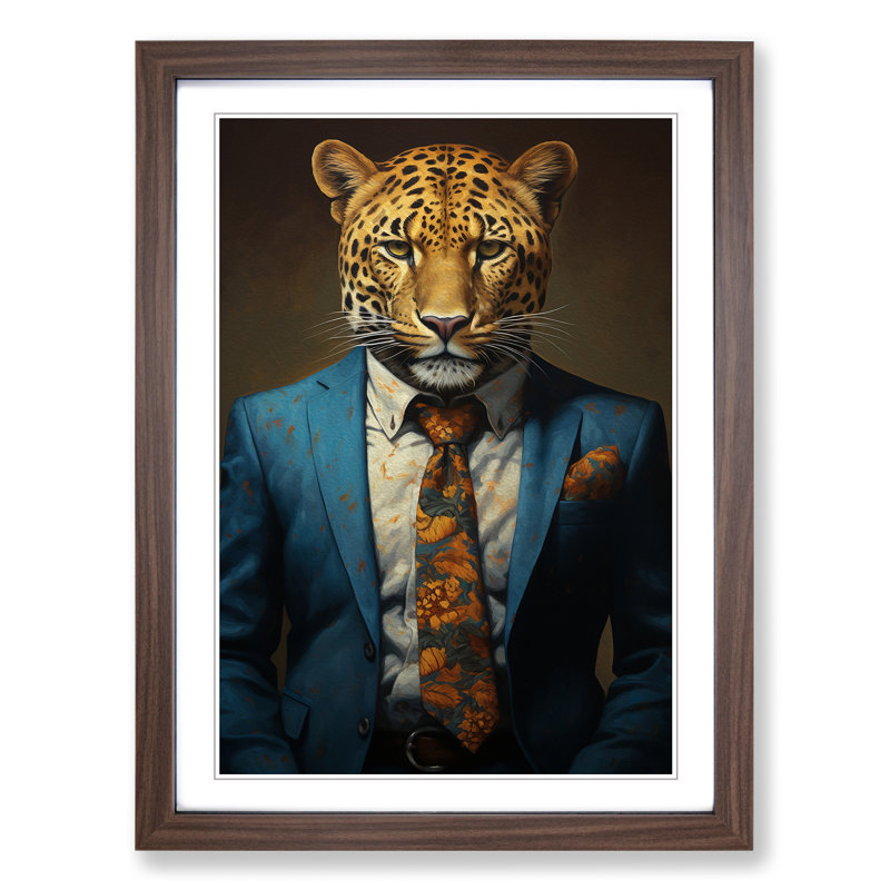 Leopard In A Suit Painting - Single Picture Frame Print on Wood, Walnut Framed, 64cm H x 46cm W x 2cm D