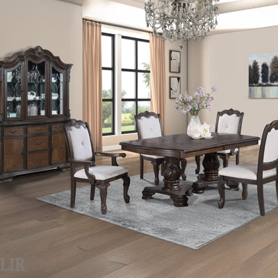Formal 5Pc Rectangular Dining Set With 18 Inch Extendable Leaf And Intricately Carved Double Pedestal Base, Perfect For Elegant Gatherings