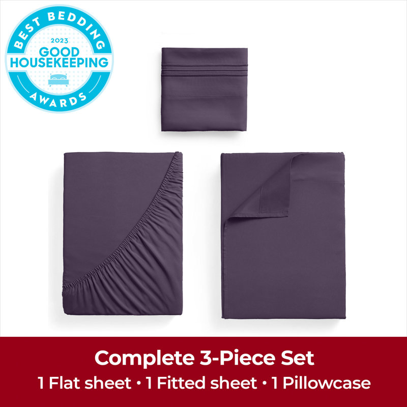 Ensemble de draps Mellanni 1800, Ensemble de draps pour taille de lit simple TG ave, Mauve