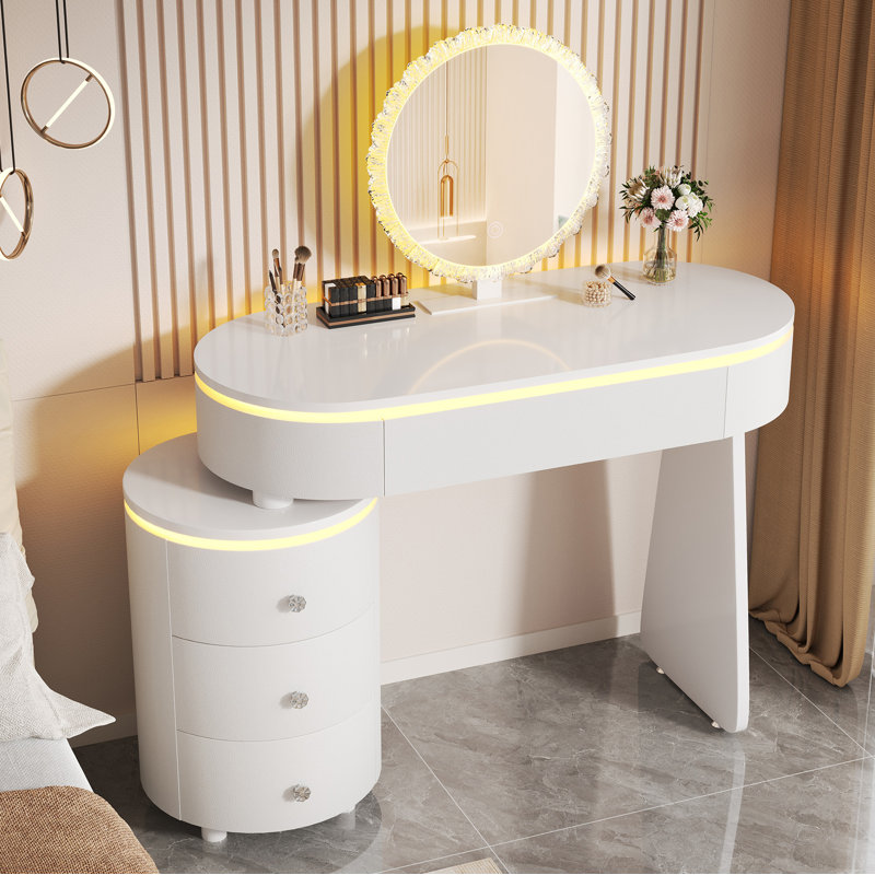 Small Vanity Desk Adjustable Tabletop Length,Storage Cabinet Reversible Layout,Vanity Detachable Mirror