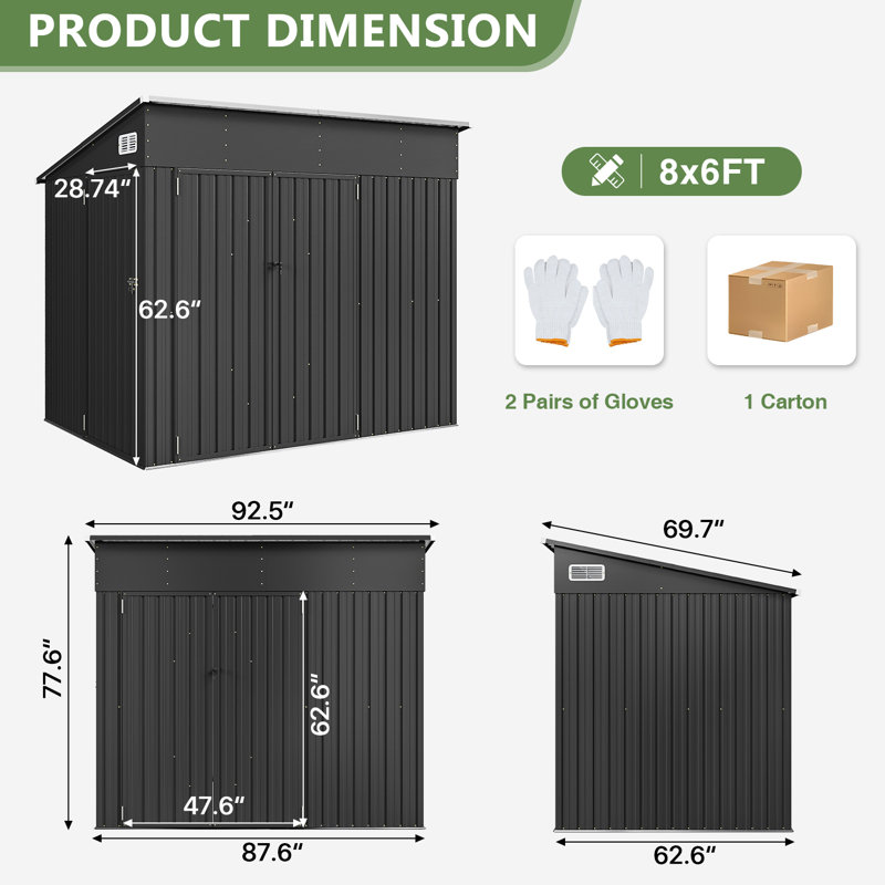 Metal Lean-to Storage Shed With Three Doors, 8 Ft. W x 6 Ft. D
