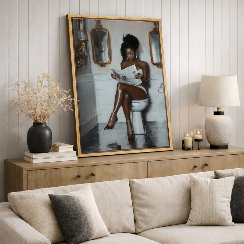 Elegance "Glamorous Woman Reading Newspaper Chic Artwork, Bathroom/Vanity Room/Powder Room Decor Wall Pictures, Large Framed Canvas Digital Giclee Print Wall Art"