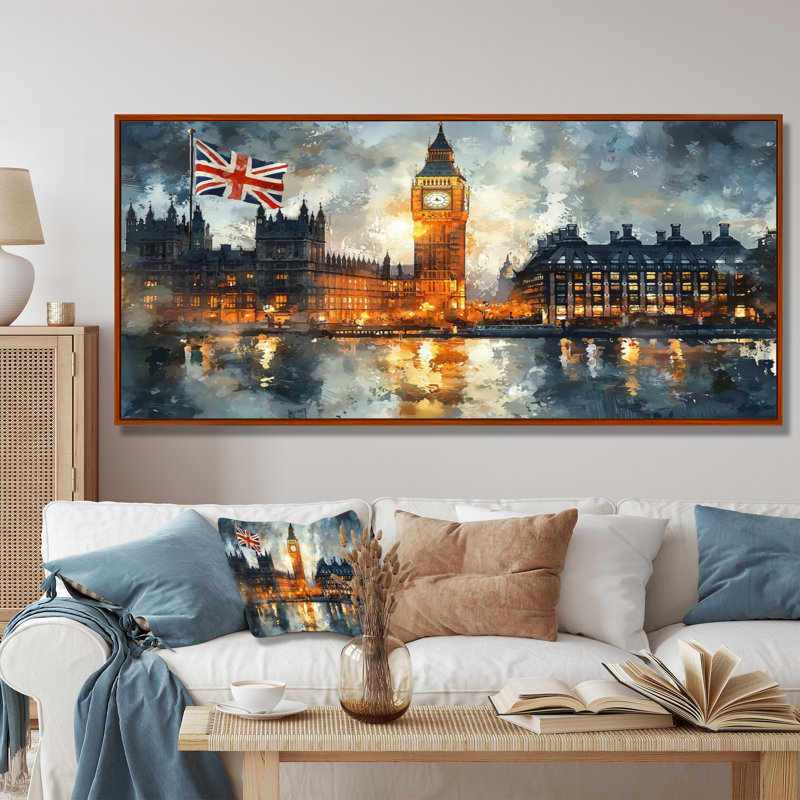 London Big Ben Landscape Glow II - London, art mural, H 28 po x l 60 po, Impression encadrée flottante, Brun