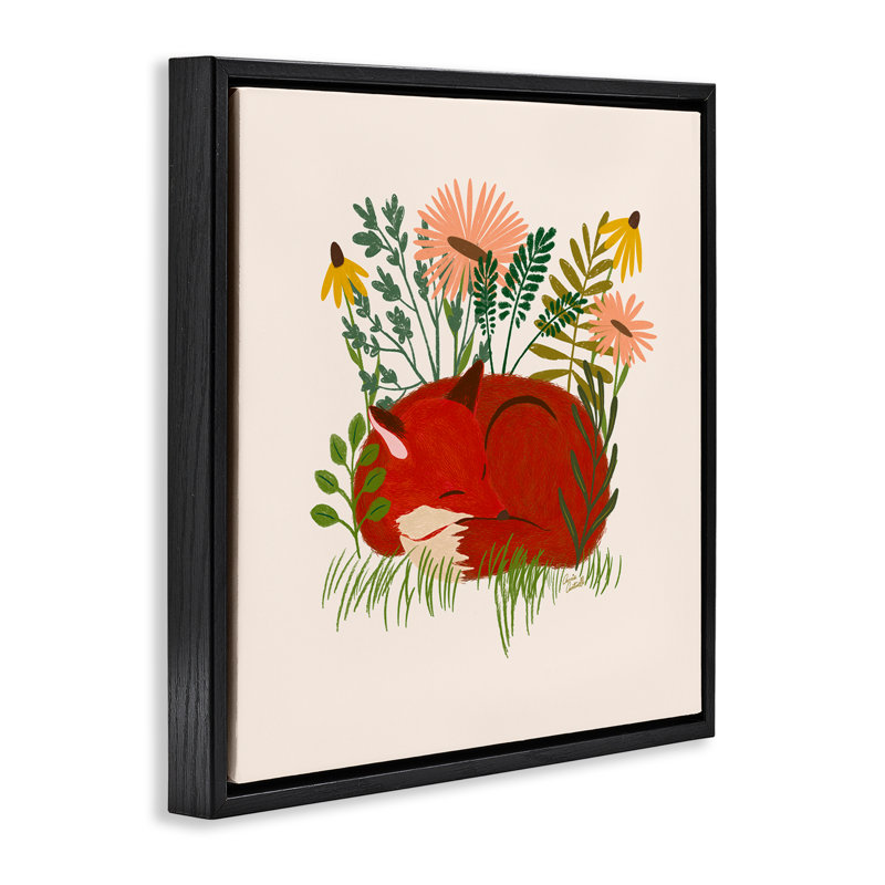  «Sleeping Fox parmi les marguerites» par Carrie Cantwell, Cadre flottant noir de jais, H 18 po x l 18 po