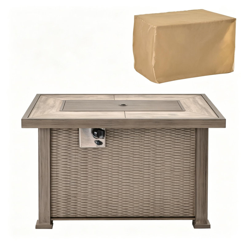 Table rectangulaire pour foyer d'extérieur au gaz avec structure en acier, foyer d'extérieur gris et surface de salle à manger