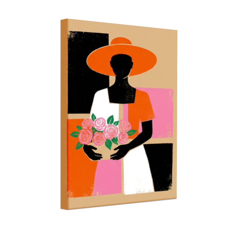 Art abstrait femme au chapeau orange tenant des roses roses, H 18 po x l 12 po, Toile tendue, Ne s’applique pas