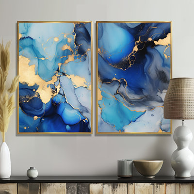 Bleu et or, art abstrait fluide de luxe II - fractales abstraites, reproduction d'art sur toile