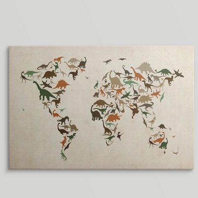«Dinosaur Map of the World» par Correen, impression, H 32 po x l 48 po x P 1,5 po, Toile