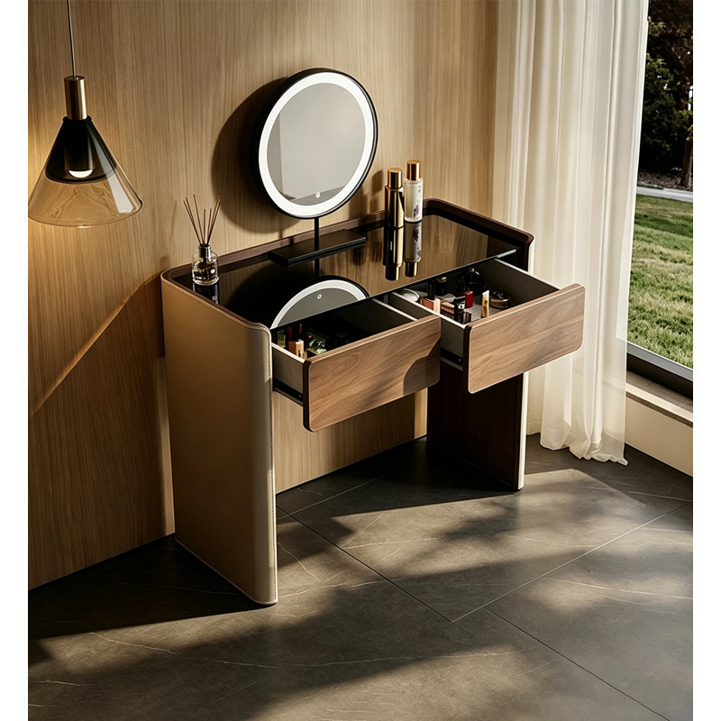 Coiffeuse de style italien en placage de noyer avec miroir de maquillage à DEL mobile