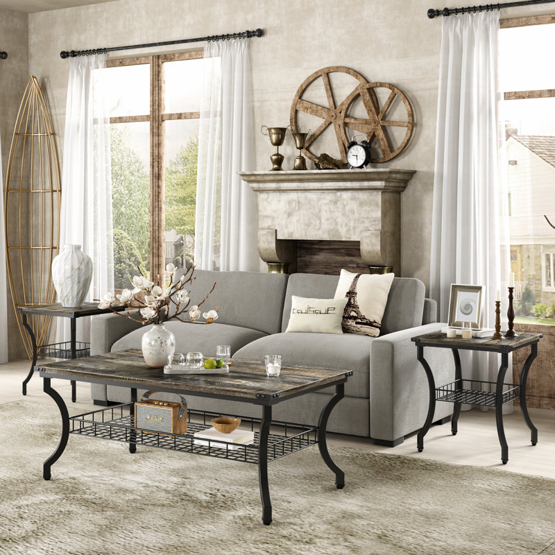 Aliona 3-Piece Old School Coffee Table and End Table Set, Modern Industrial Accent Tables with Storage Shelf, Engineered Wood and Metal Living Room Furniture