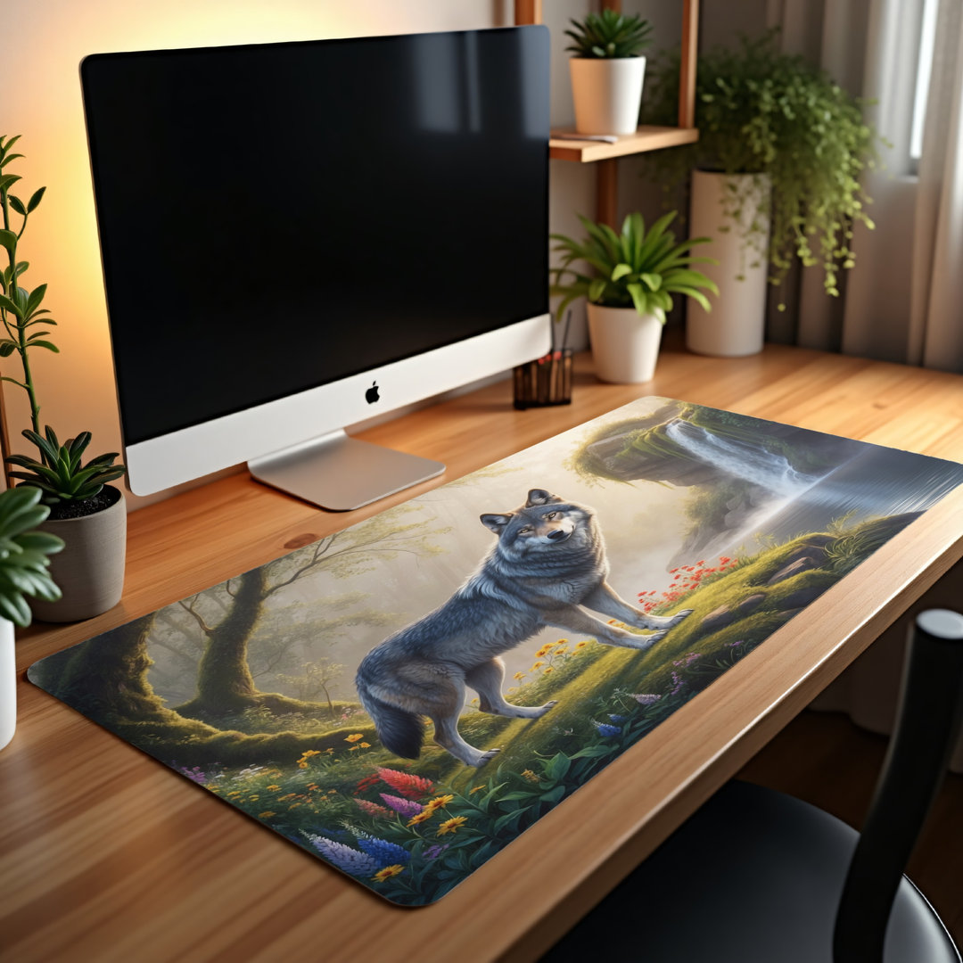 Wolf Forest Desk Mat, Nature Waterfall Mouse Pad, Mystical Gray Wolf Art, Ethereal Woodland Desk Pad, Spirit Animal, Wildlife Decor.