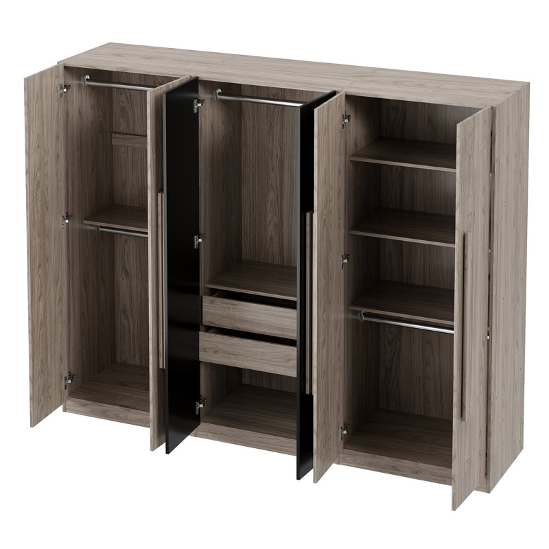 Armoire de rangement 6 portes en bois pour la chambre à coucher, avec 2 tiroirs à l'intérieur, noir + nature