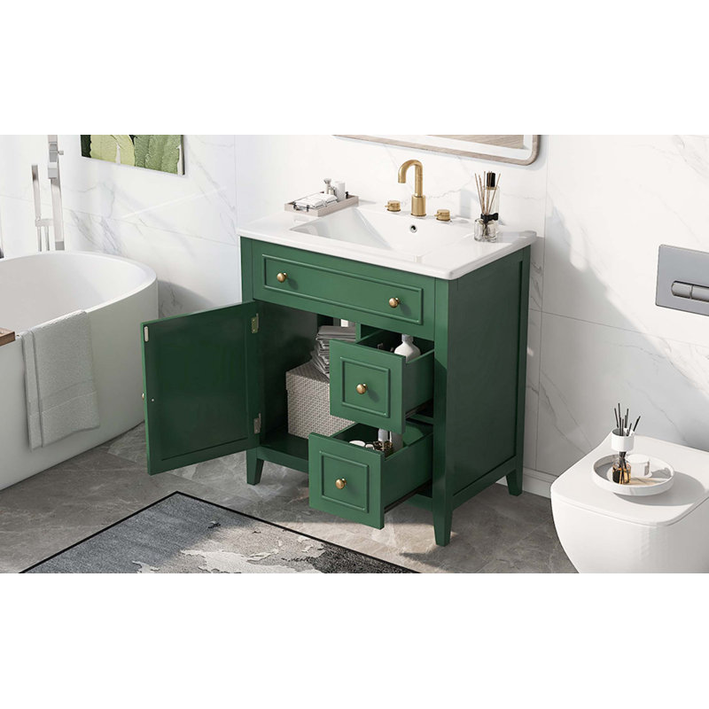 Meuble-lavabo 30 po avec comptoir, meuble-lavabo avec porte et deux tiroirs, structure en bois massif, un paquet, vert
