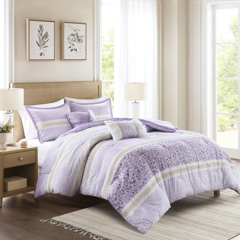Ensemble d'édredon et d'oreiller en seersucker pour lit double / grand 5 pièces - décor chic et décontracté, trois motifs floraux, aspect de coussins garnis de dentelle, imprimés botaniques, rembourrage, lavable à la machine