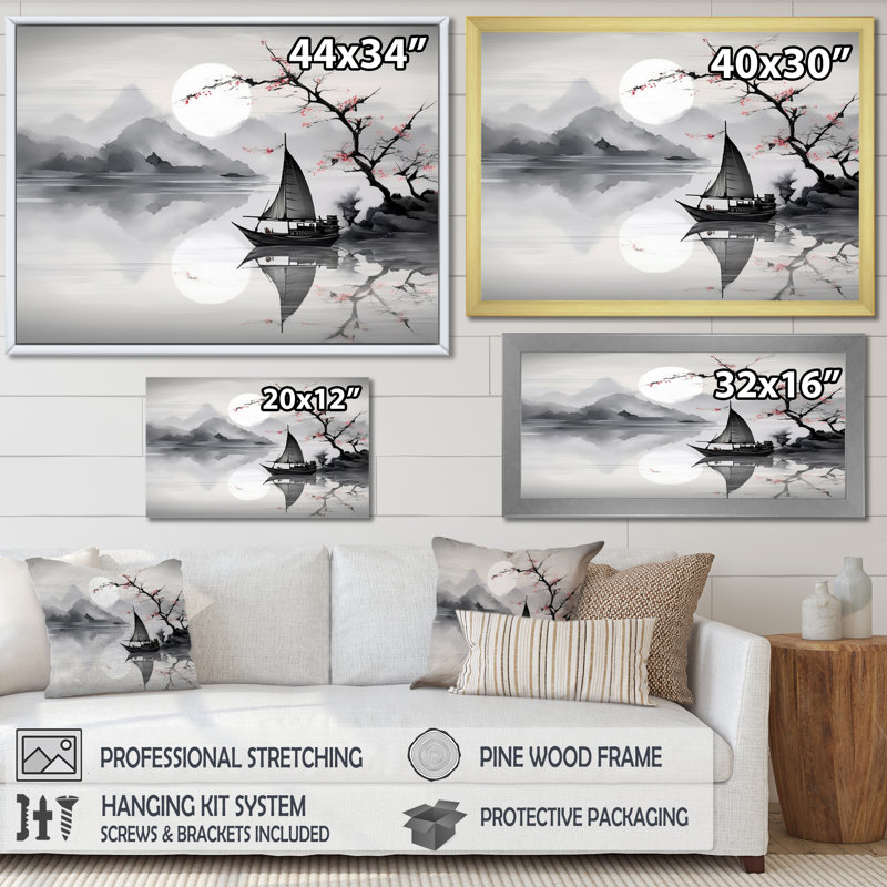 Asian Art Saililier Sumi IV, reproduction d'art sur toile, H 16 po x l 32 po x P 1 po, Cadre flottant blanc