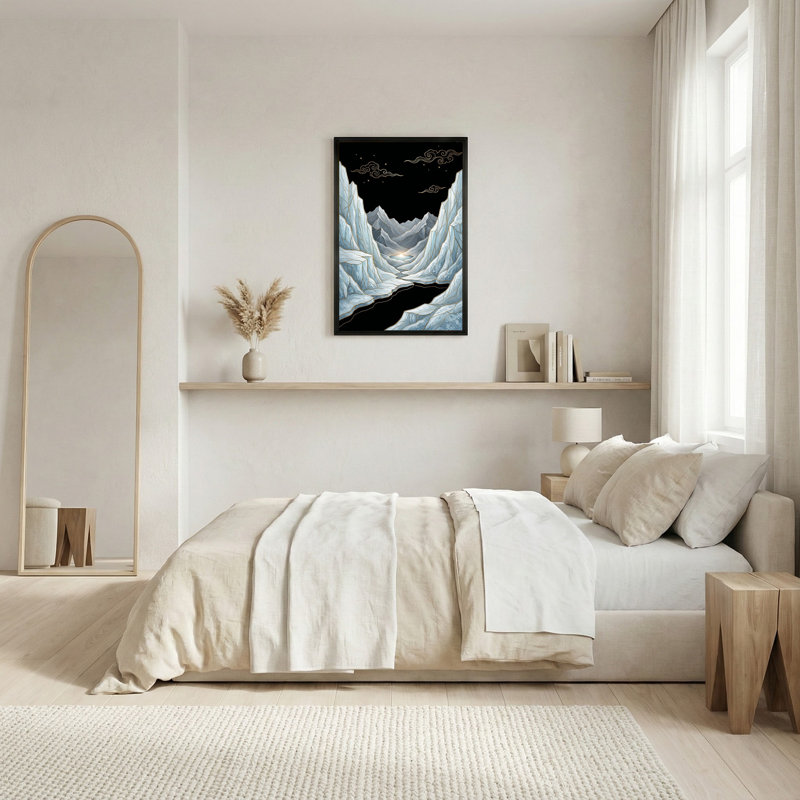 Art mural sur toile Montagnes bleu clair avec lignes dorées et ciel étoilé, H 30 po x l 20 po
