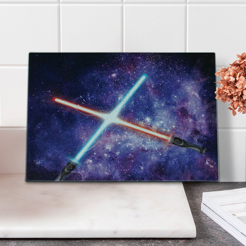 Planche à découper Ambesonne Galaxy en verre trempé à thème mauve et noir