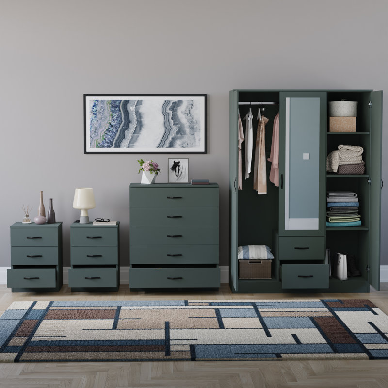 Tayce 4 Piece Bedroom Set (3 Drawer Bedside Chest X2, 5 Drawer Chest, 3 Door 2 Drawer Mirrored Wardrobe), Green