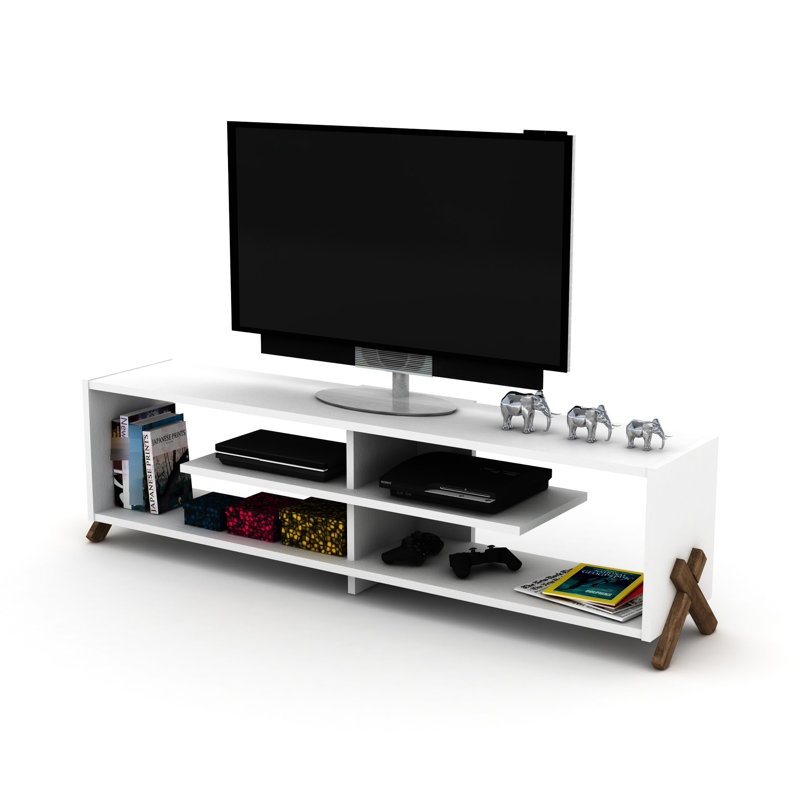 Mid Century Modern Tv Stand In Walnut, 4 Shelves Open Storage, 57 Inch Low Entertainment Centre With Wood Legs Centre, Stand, Walnut