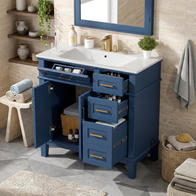 Meuble-lavabo autoportant moderne 36 po avec lavabo en céramique, portes à fermeture douce, 4 tiroirs de rangement, finition peinte, fabrication en bois massif et en panneau de fibres à densité moyenne - Certifié EPA / Carb