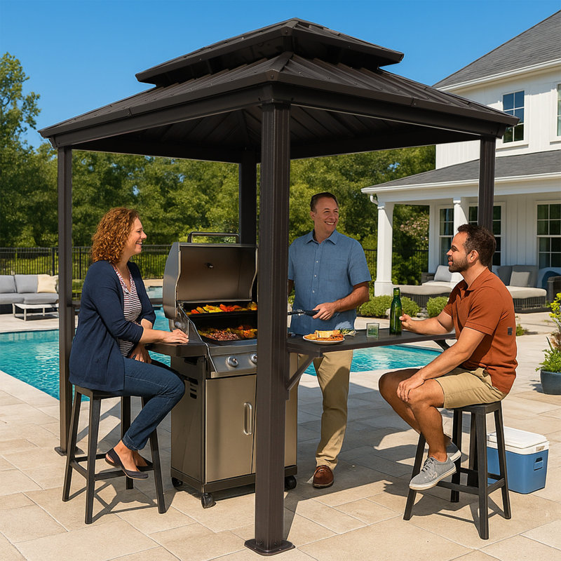 Pavillon de jardin à toit rigide pour barbecue de 6 pi x 8 pi Kozyard, abri de barbecue extérieur avec toit en acier galvanisé à deux niveaux, structure en aluminium et 2 tablettes latérales intégrées en acier pour la station de cuisson extérieure, brun