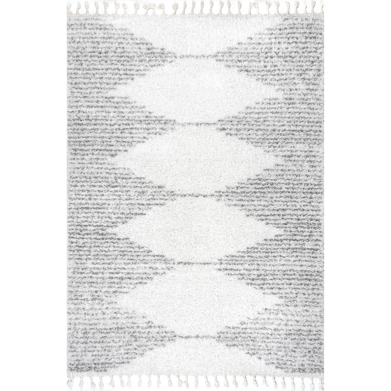 Bria Moroccan Shag Tasseled Performance White/Gray Rug, Rectangle 4' x 6'
