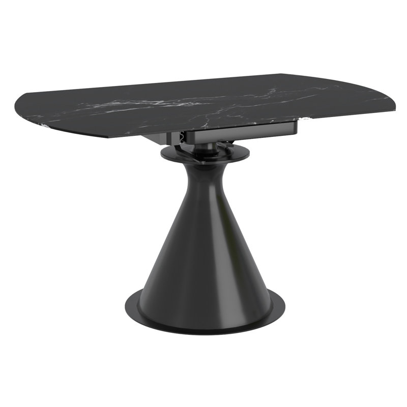 Isaack Extendable Round Stone Top Metal Base Dining Table, Black