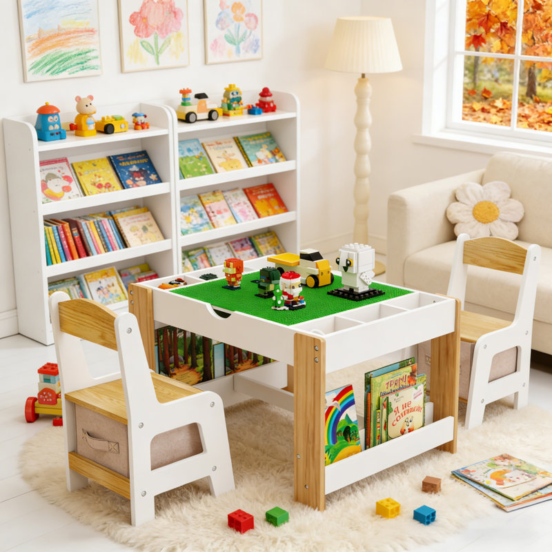 Kids 2-In-1 Play Table & 2 Chairs Set With 7 Storage Compartments, LEGO-Compatible Building Block Surface, Modern Activity & Learning Table Furniture – White