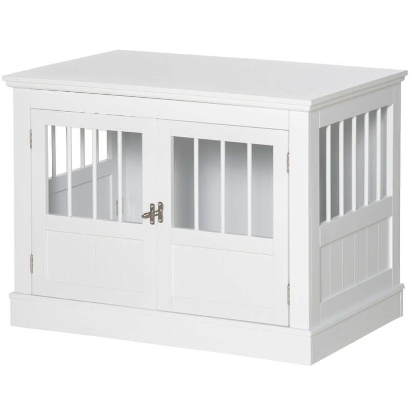 Cage pour chien comme table de bout, blanc. Pour les petits chiens, comprend une zone spacieuse, des portes triples, une pièce de couplage magnétique, des tubes en acier avec une grande surface de table, une pièce verrouillable,