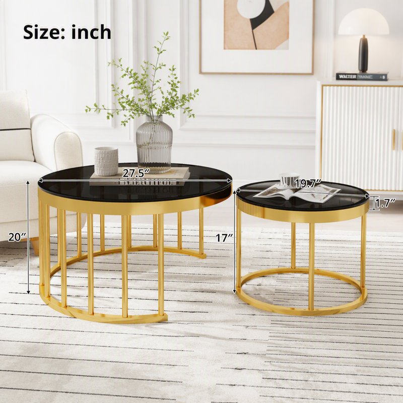 Ensemble de 2 tables basses gigognes rondes dorées avec plateau en verre noir, 27.5"W, Noir