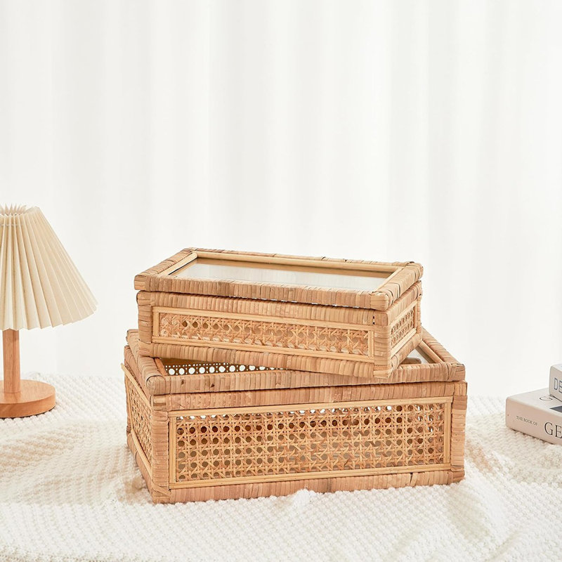 Boîtes de présentation en rotin Boho avec couvercles en verre, ensemble de 2 boîtes de rangement décoratives rectangulaires, panier en rotin tissé à la main pour la décoration intérieure