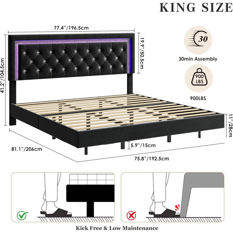 Floating Bed Frame King Size with Smart Led Lights, Upholstered Platform Bed with Diamond Headboard, Black, King