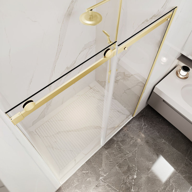 Rhodes Series 45 To 48 In. X 76 In. H Sliding Frameless Shower Door In Brushed Gold With Tsunami Guard Tempered Glass