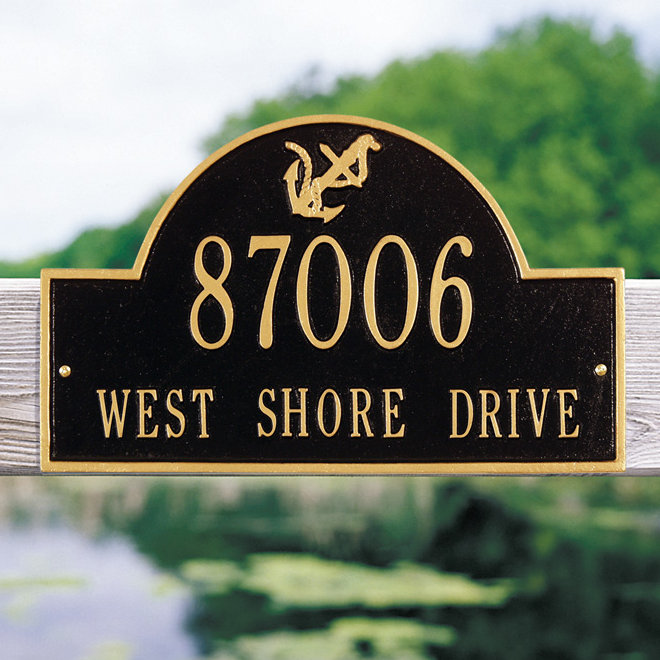 Nautical 2-Line Wall Address Plaque, Black/Gold, Yes