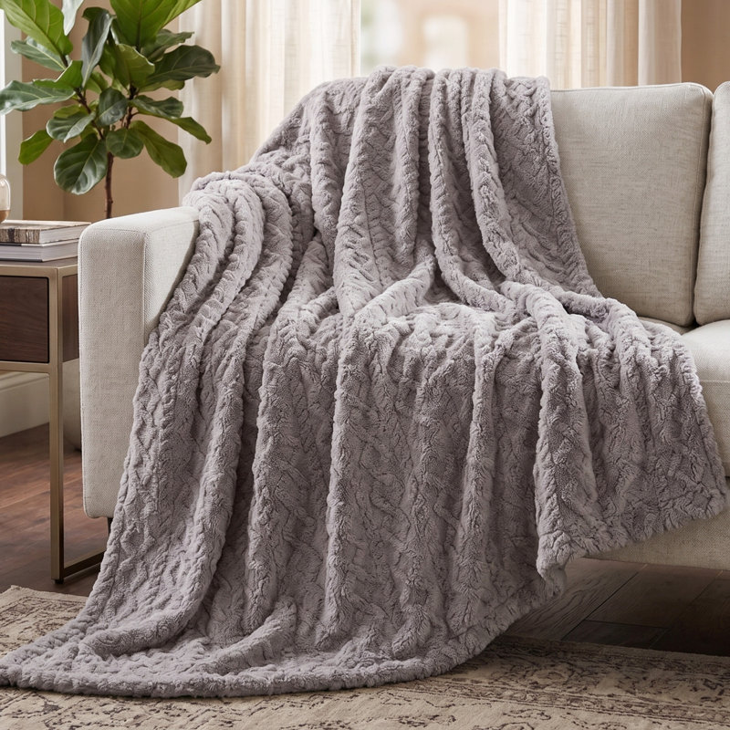 Couverture polaire sherpa pour canapé - 127 x 152 cm, réversible, motif torsadé jacquard, couverture en polaire sherpa pour lit, fauteuil ou canapé - Linge de lit chaud et confortable (Gris)