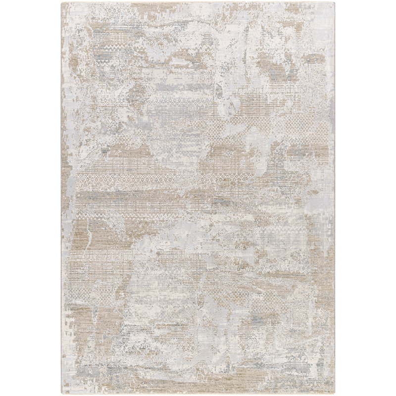 Tapis abstrait en polypropylène tissé à la machine en beige / gris, Rectangle 12 pi x 15 pi